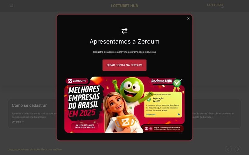 Print de lottu-bet.com em 17/07/2026: pop-up «Apresentamos a Zeroum» com botão «Criar conta na ZeroUm»